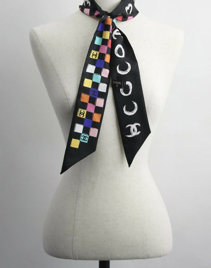 CHANEL 100% Silk Twilly Checkered Pattern CC Logo Scarf in Black and Multicolour