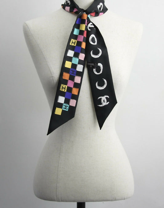 CHANEL 100% Silk Twilly Checkered Pattern CC Logo Scarf in Black and Multicolour