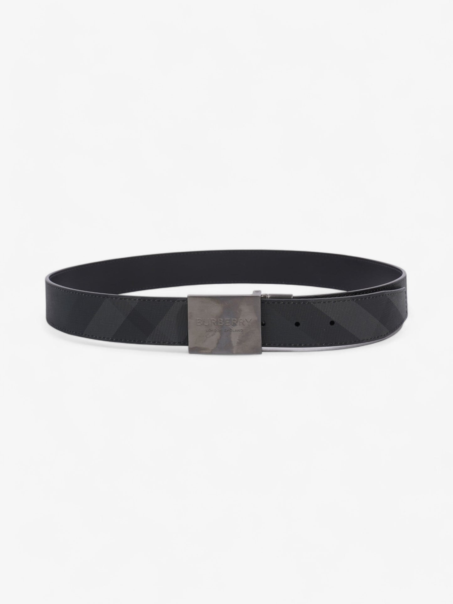 Burberry Reversible Plaque Buckle Check Belt Charcoal / Graphite / Silver Coated Canvas 90cm / 36"