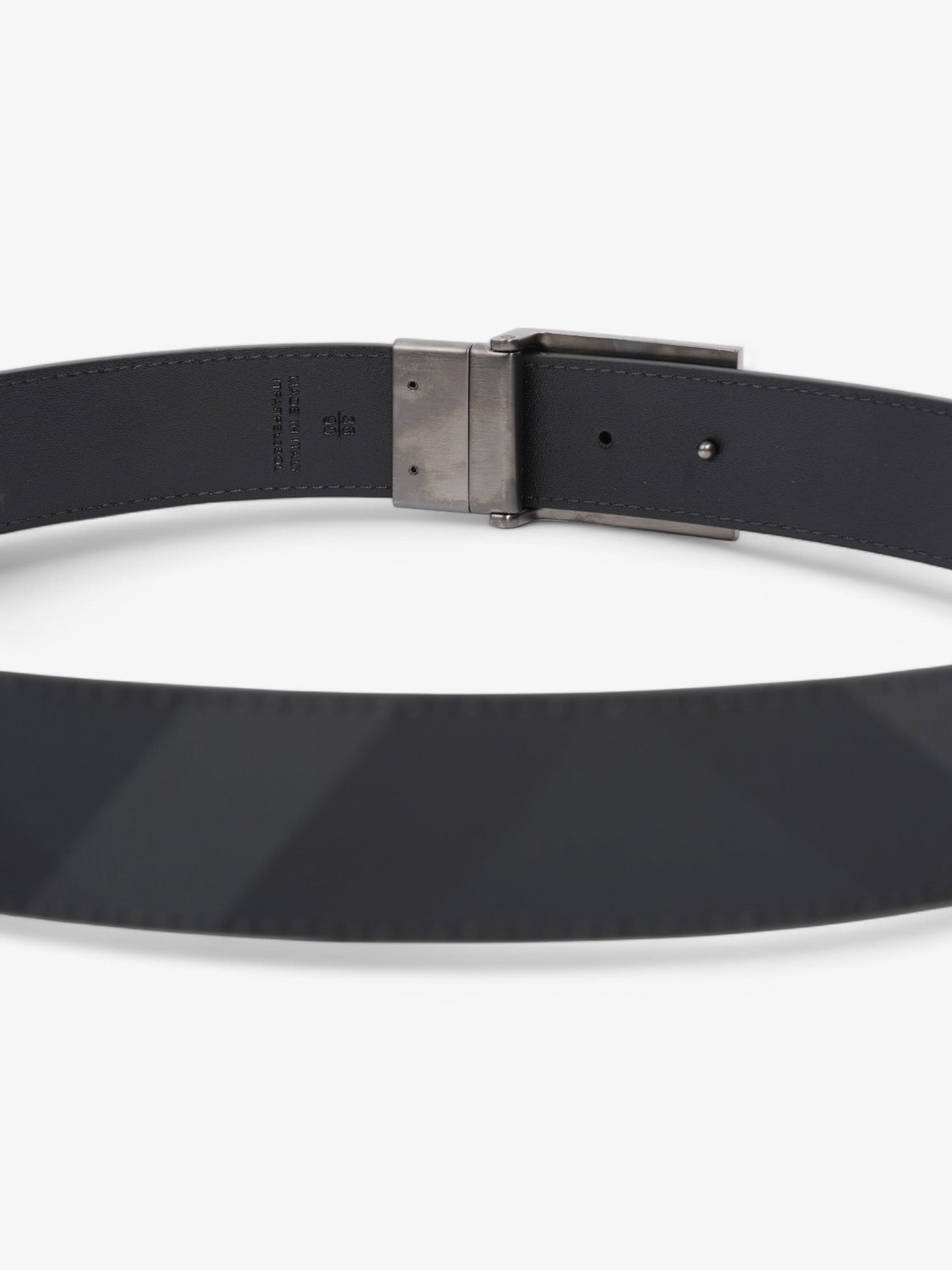 Burberry Reversible Plaque Buckle Check Belt Charcoal / Graphite / Silver Coated Canvas 90cm / 36"
