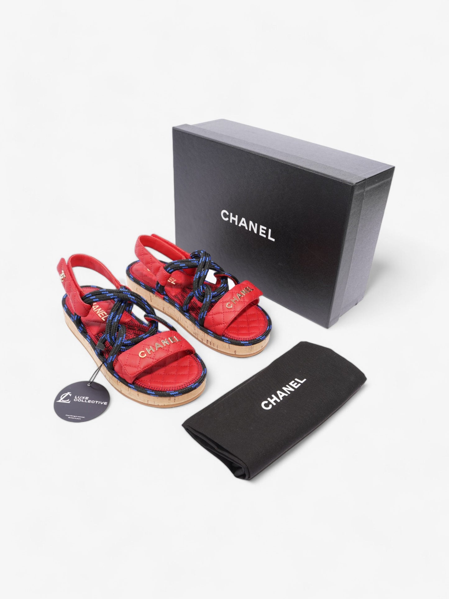 Chanel Dad Cord Sandals Red / Blue / Black Calfskin Leather EU 38 UK 5