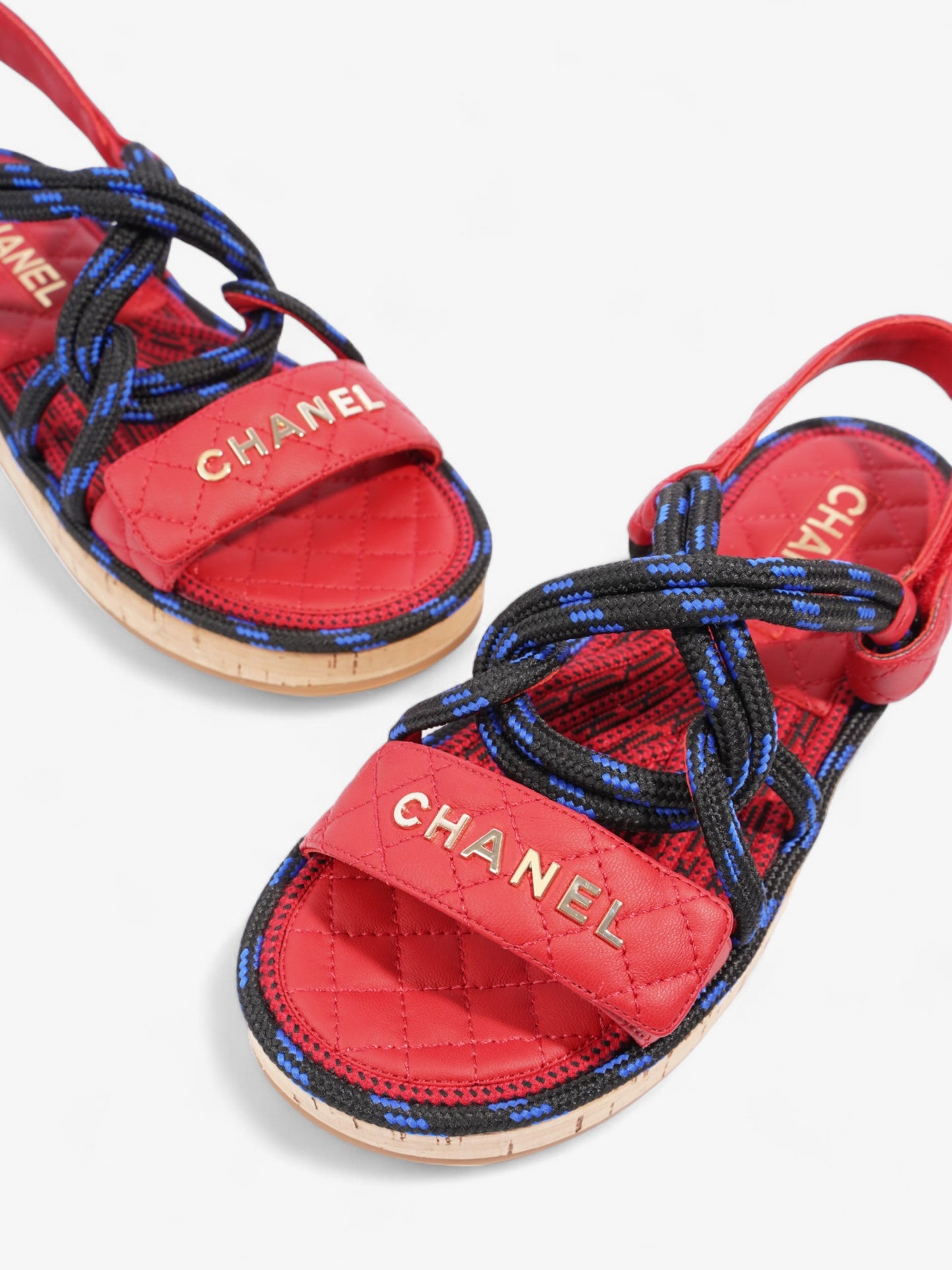 Chanel Dad Cord Sandals Red / Blue / Black Calfskin Leather EU 38 UK 5