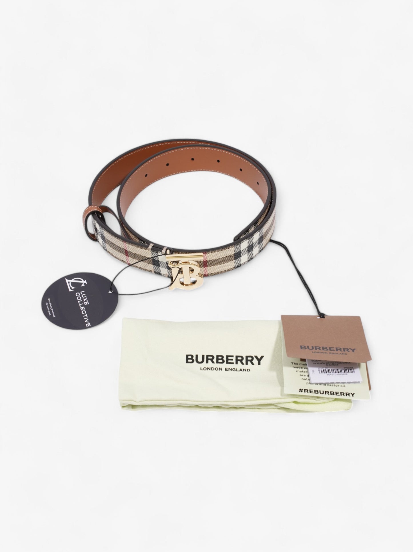 Burberry TB Belt Vintage Check / Light Gold Canvas Small - 87.5cm