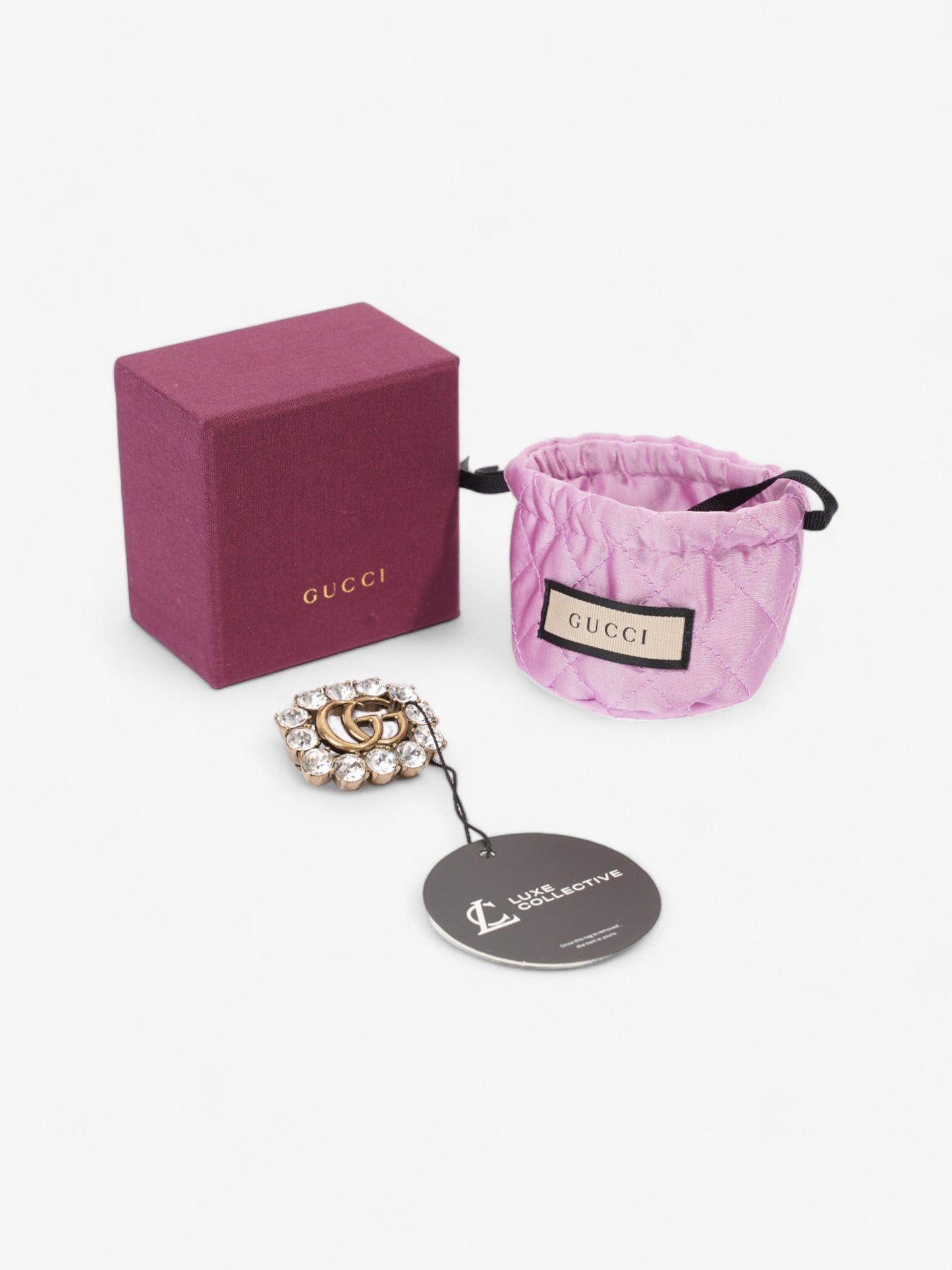 Gucci Crystal Double G Brooch Aged Gold Base Metal