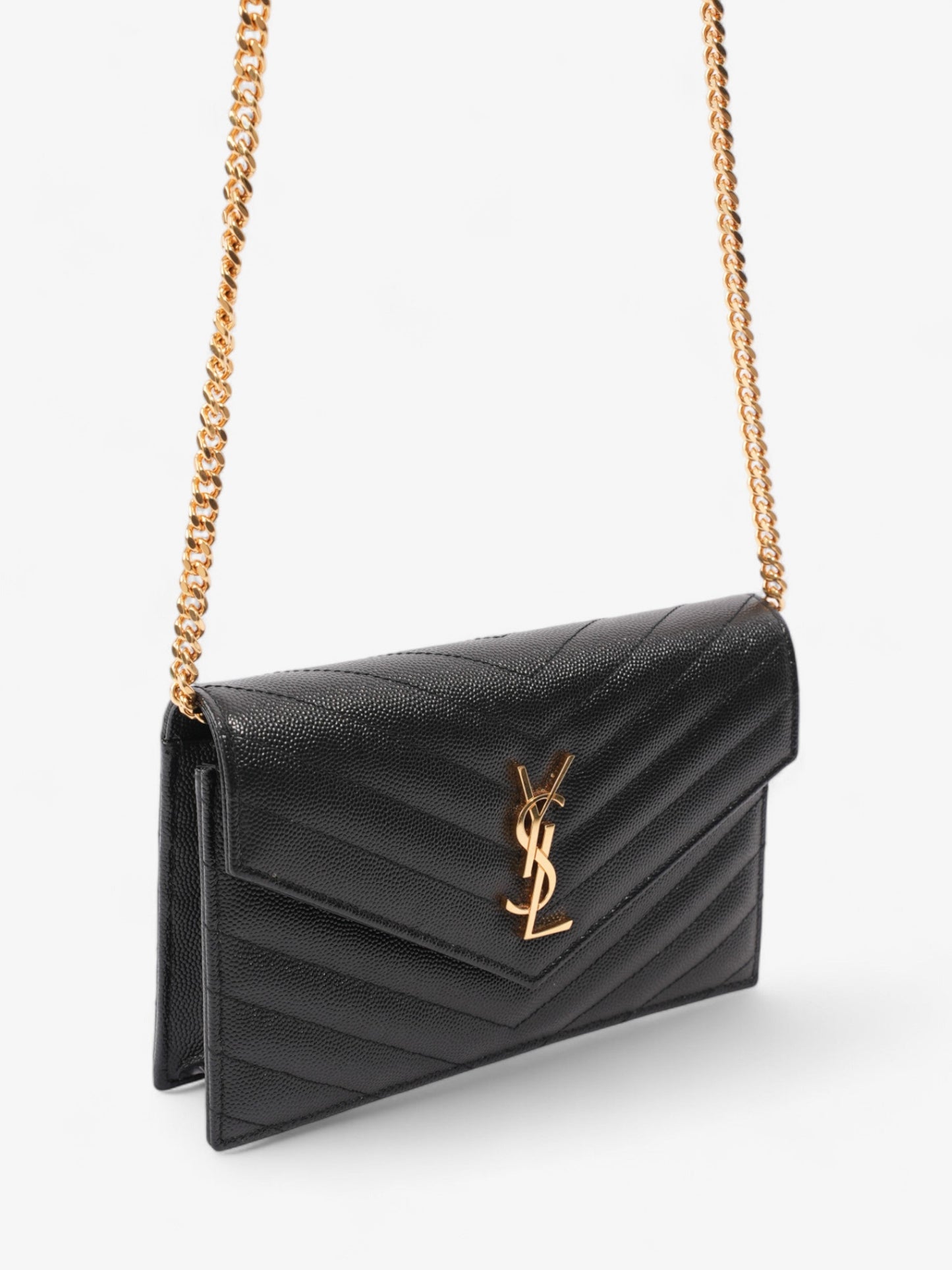 Saint Laurent Envelope Chain Wallet Black Grained Leather
