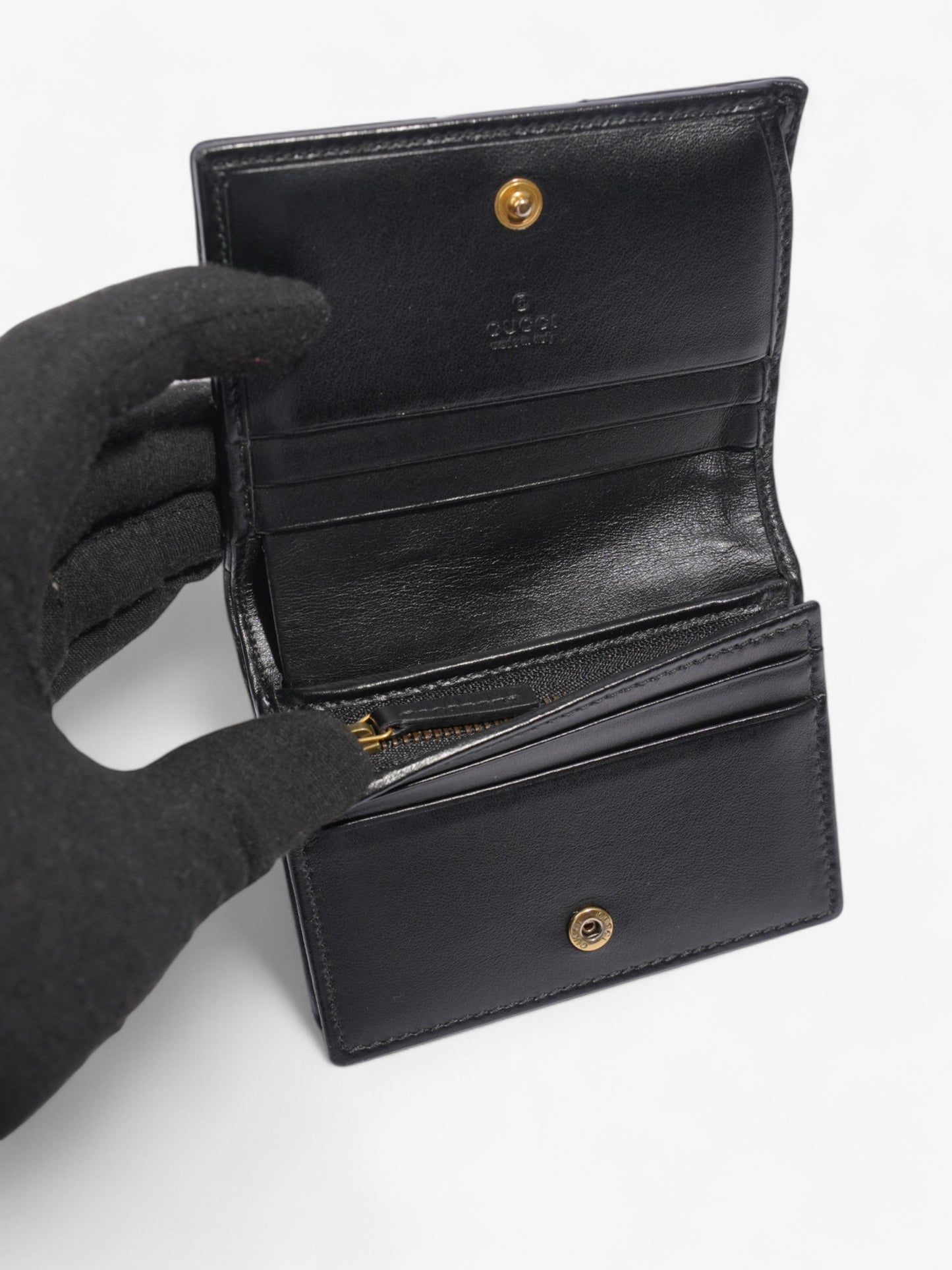 Gucci GG Marmont Card Case Wallet Black / Gold Matelasse Leather