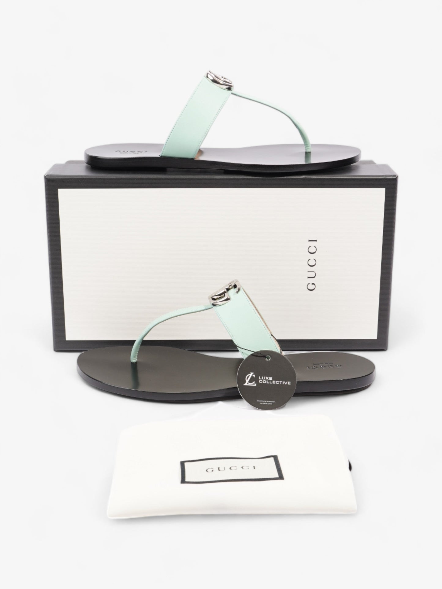 Gucci GG Marmont Thong Sandals Turquoise  / Black Calfskin Leather EU 39.5 UK 6.5