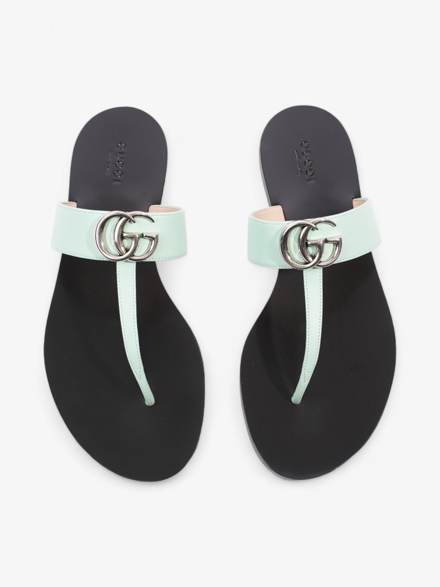 Gucci GG Marmont Thong Sandals Turquoise  / Black Calfskin Leather EU 39.5 UK 6.5