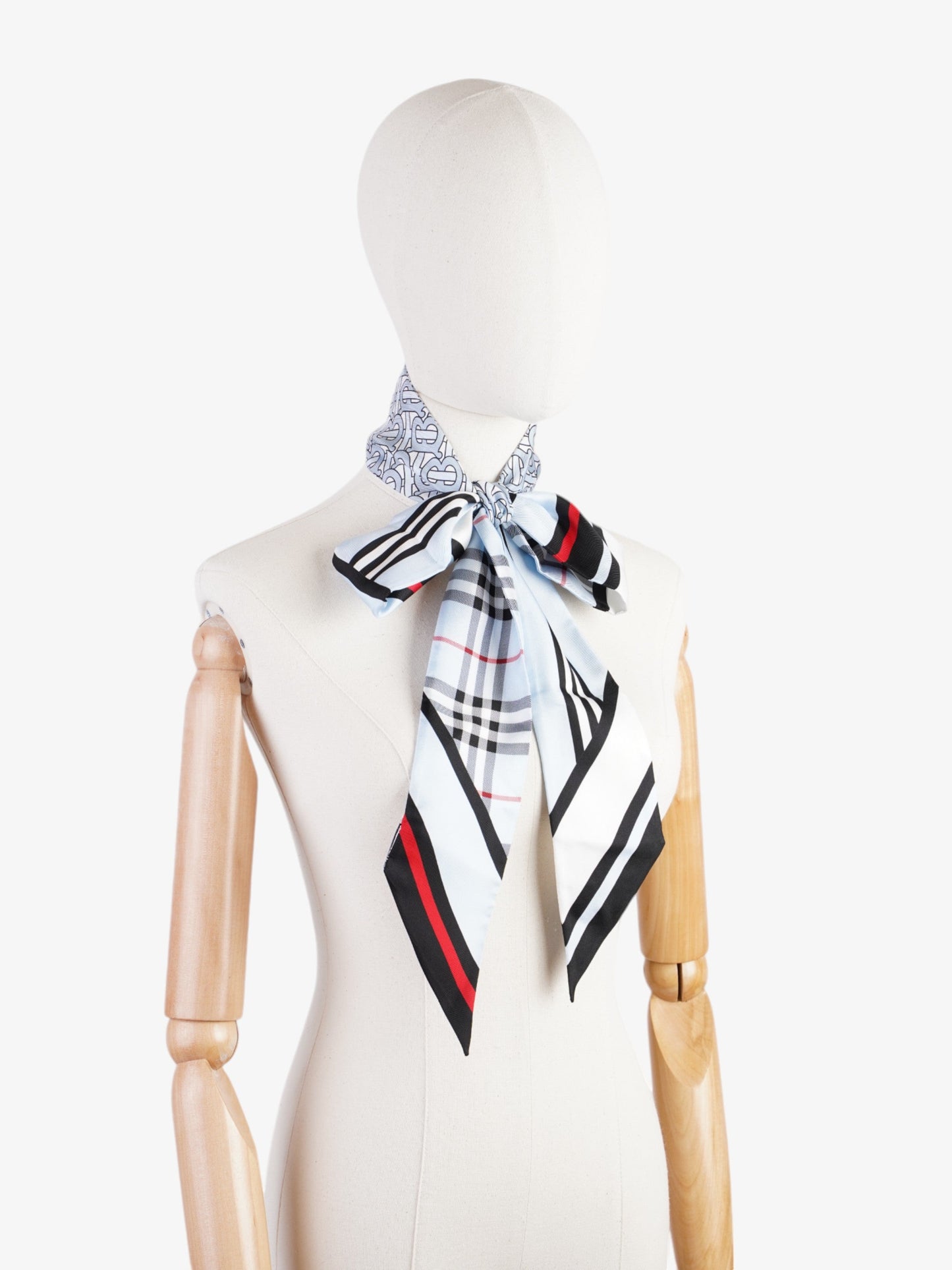Burberry Triple Check Monogram Stripe Skinny Scarf Pale Blue Silk