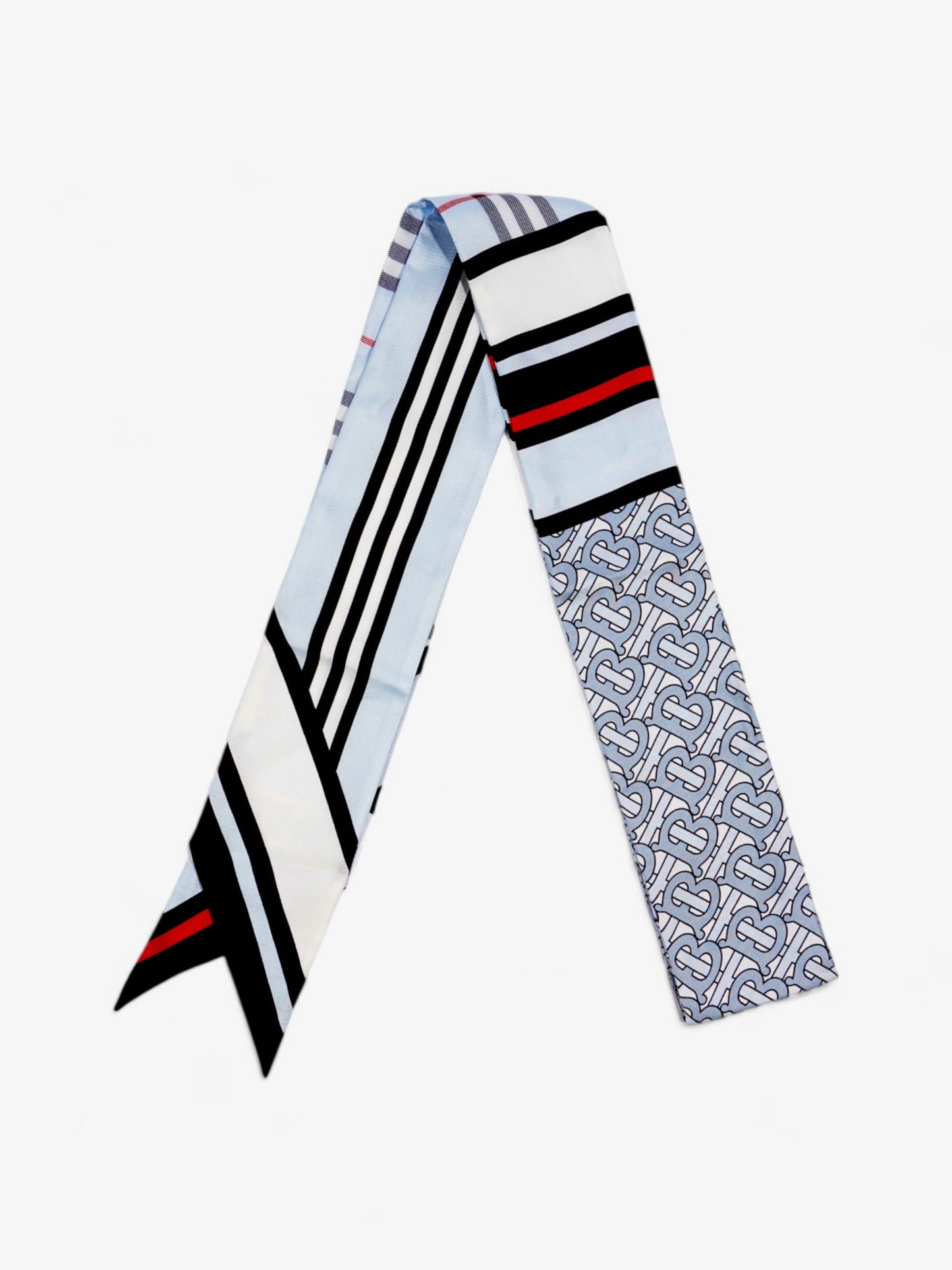 Burberry Triple Check Monogram Stripe Skinny Scarf Pale Blue Silk
