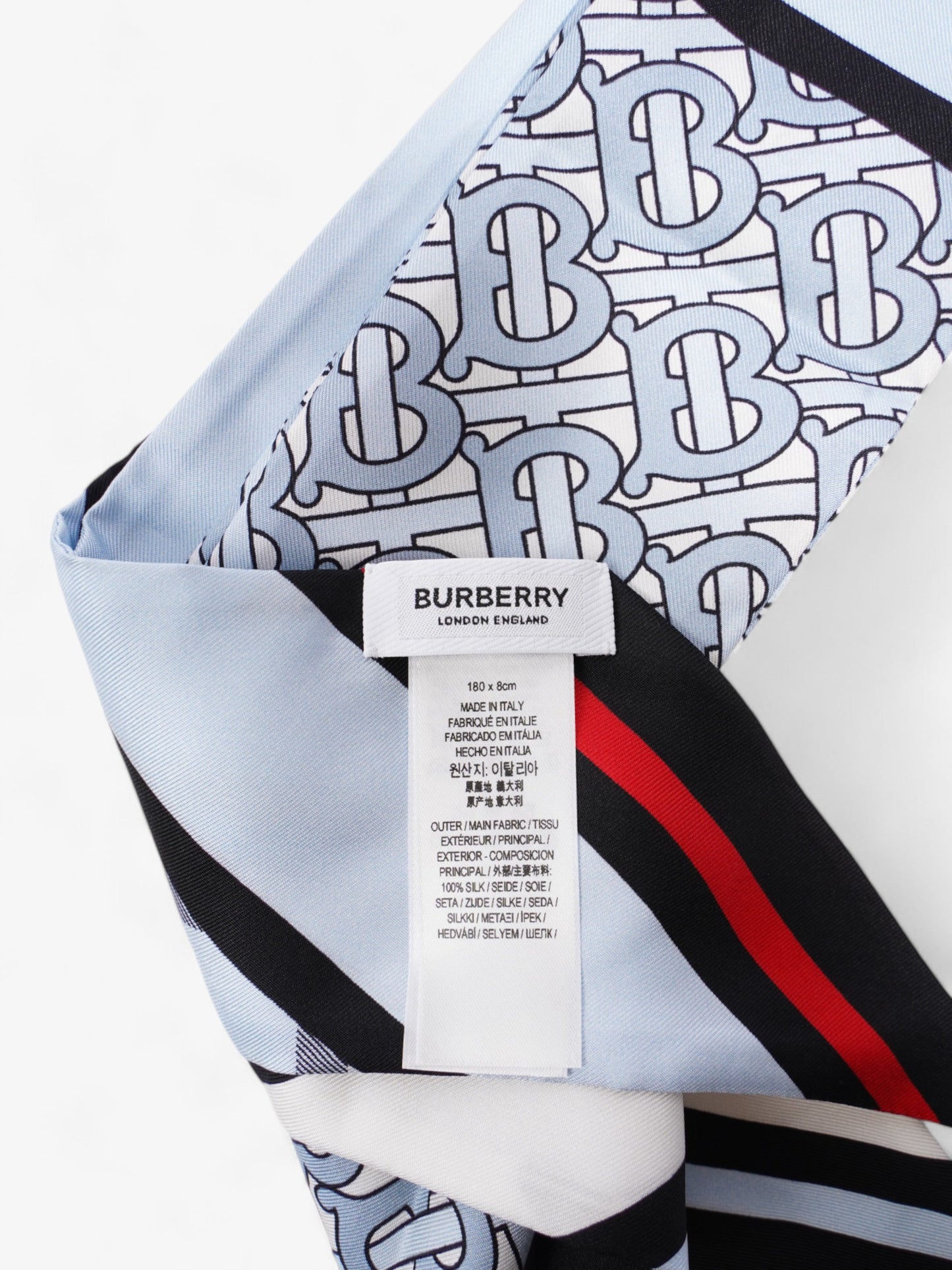 Burberry Triple Check Monogram Stripe Skinny Scarf Pale Blue Silk