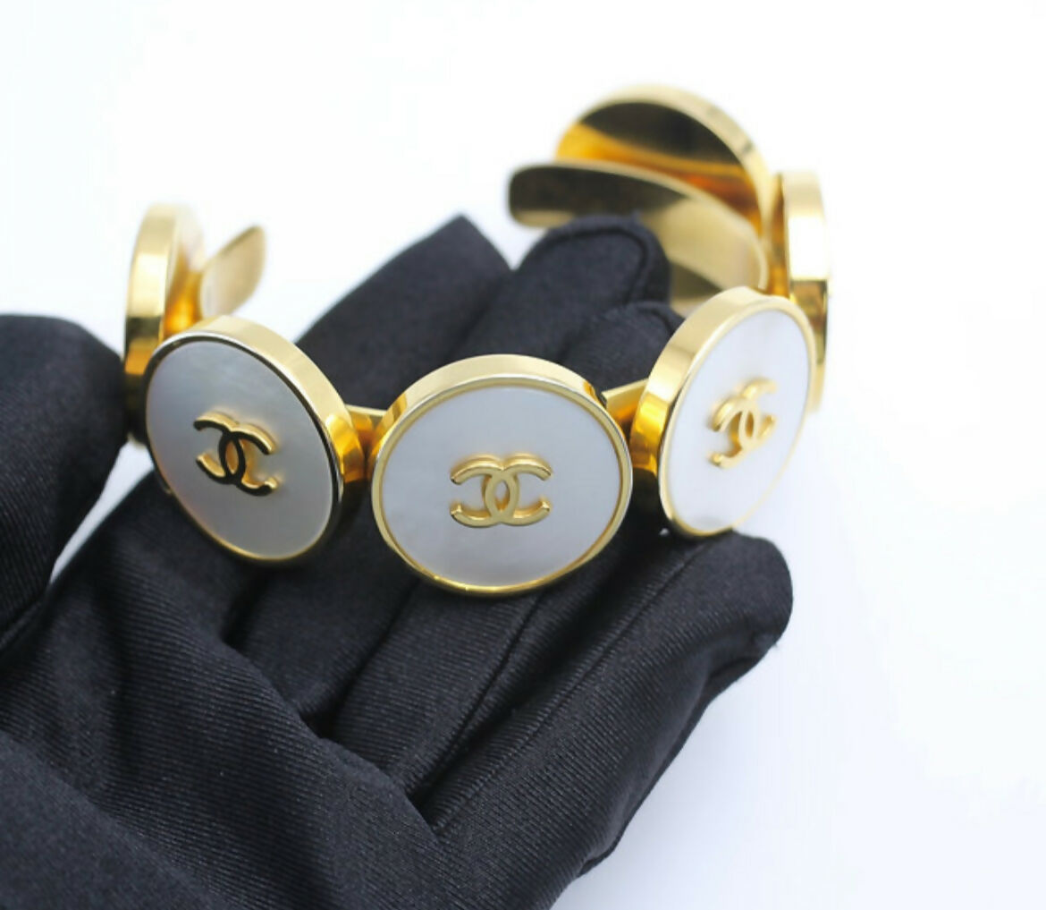 Chanel Vintage 95A Mother-of-Pearl Circle Shape Gold Plated Bracelet Cuff