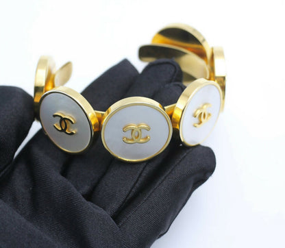 Chanel Vintage 95A Mother-of-Pearl Circle Shape Gold Plated Bracelet Cuff