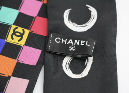 CHANEL 100% Silk Twilly Checkered Pattern CC Logo Scarf in Black and Multicolour