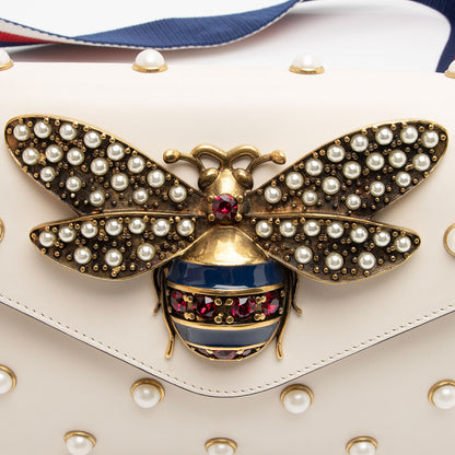 Gucci Calfskin Pearl Bee Broadway Mini Shoulder Bag (SHF-vh1WnC)