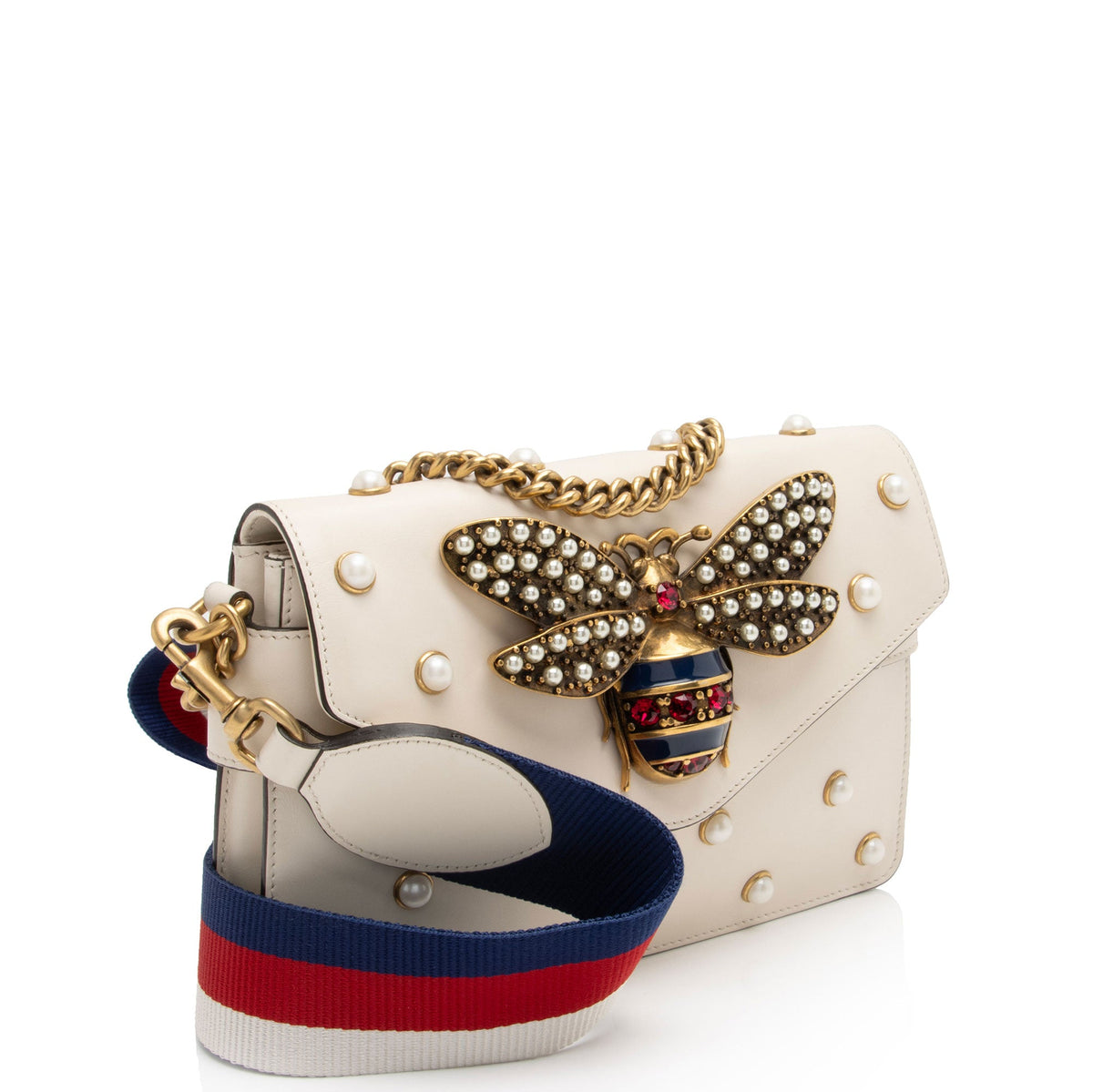 Gucci Calfskin Pearl Bee Broadway Mini Shoulder Bag (SHF-vh1WnC)