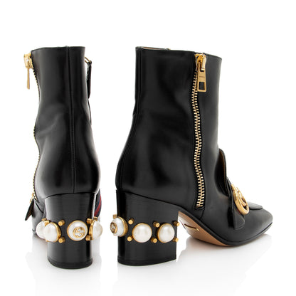 Gucci Calfskin GG Web Pearl Peyton Ankle Boots - Size 7 / 37 (SHF-NfjHOv)