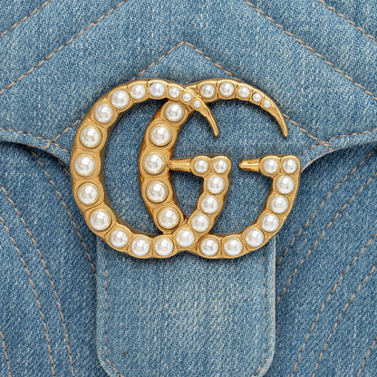 Gucci Denim Matelasse Pearl GG Marmont Small Flap Bag (SHF-JQgdk7)