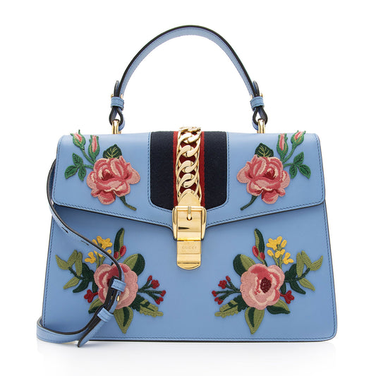 Gucci Embroidered Leather Floral Sylvie Top Handle Bag (SHF-7G6W1J)