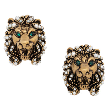 Gucci Faux Pearl Crystal Lion Head Clip On Earrings (SHF-22367)