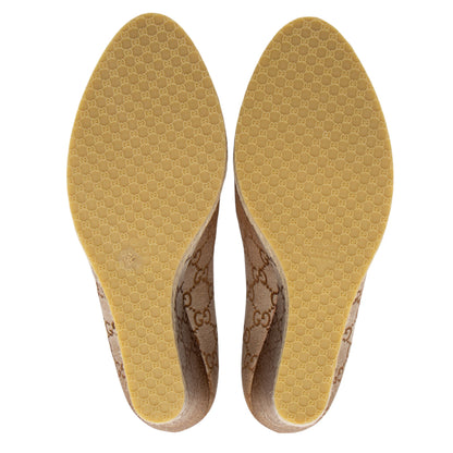 Gucci GG Canvas Horsebit Peep Toe Wedges - Size 9 / 39 (SHF-EyPaa5)