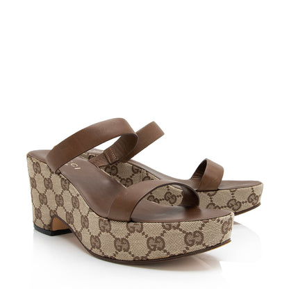 Gucci GG Canvas Leather Platform Slide Sandals - Size 7 C / 37 C (SHF-RyvERK)