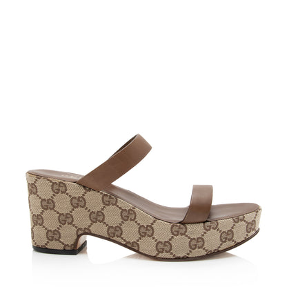 Gucci GG Canvas Leather Platform Slide Sandals - Size 7 C / 37 C (SHF-RyvERK)