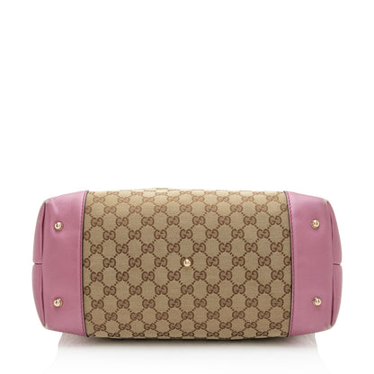Gucci GG Canvas Metallic Leather Heart Bit Charm Medium Tote (SHF-5MJYxM)