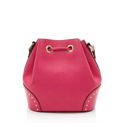 Gucci GG Debossed Diamante Leather Studded Bright Bucket Bag