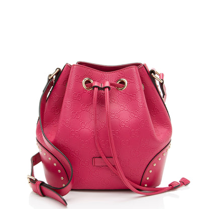 Gucci GG Debossed Diamante Leather Studded Bright Bucket Bag