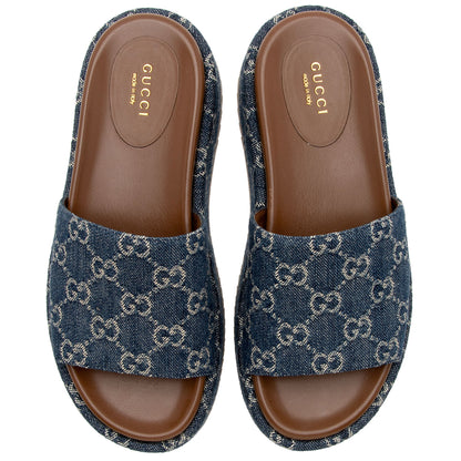 Gucci GG Denim Angelina Slide Platform Sandals - Size 7 / 37 (SHF-tnPdWr)