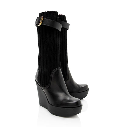 Gucci Leather Buckle Sock Wedge Boots - Size 6 / 36 (SHF-18840)