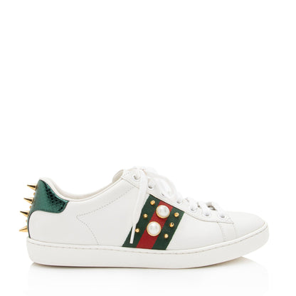 Gucci Leather Pearl Studded Web Ace Sneakers - Size 7 / 37 (SHF-gBzTiz)