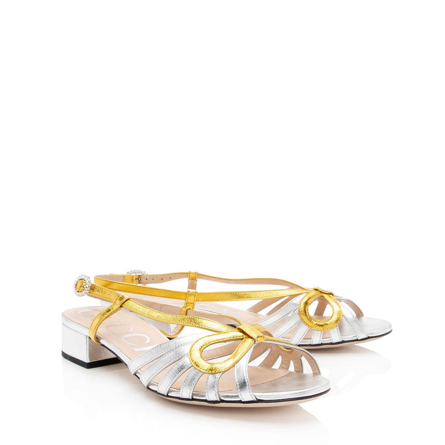 Gucci Metallic Leather Crystal Zephyra Bow Slingback Sandals - Size 8.5 / 38.5 (SHF-W0YUIU)