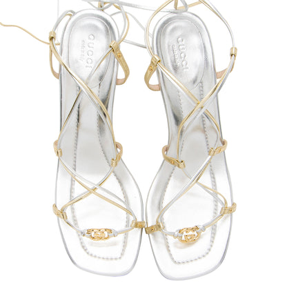Gucci Metallic Leather Interlocking G Strappy 80 Sandals - Size 10 / 40