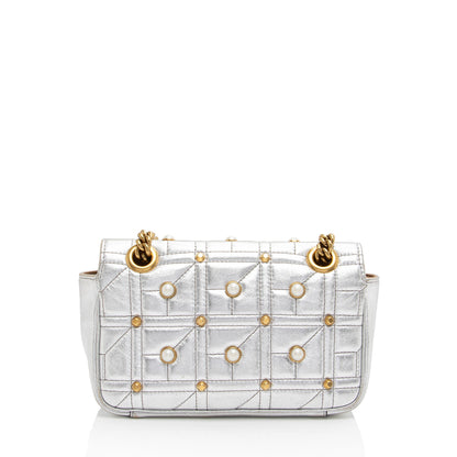 Gucci Metallic Matelasse Leather Pearl GG Marmont Mini Flap Bag (SHF-PMv358)