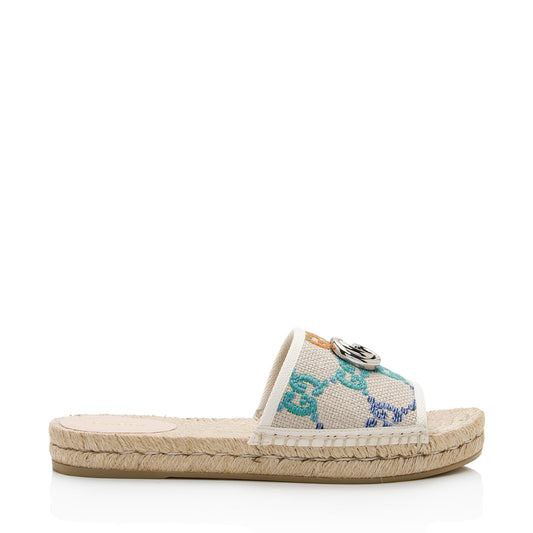 Gucci Multicolor GG Canvas Raffia Espadrille Slides - Size 8 / 38 (SHF-3nkmwj)