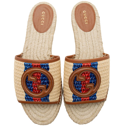 Gucci Raffia Leather Interlocking G Espadrille Slides - Size 10.5 / 40.5 (SHF-SjdNGf)