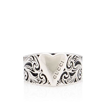 Gucci Sterling Silver Engraved Heart Ring - Size 8