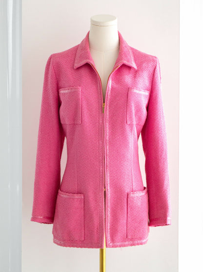 Chanel Vintage Spring/Summer 1995 Pink Barbie Gold Zip Tweed 95P Jacket