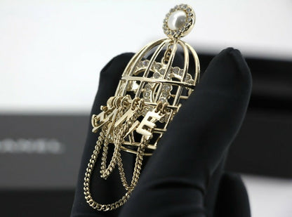 Chanel B22V Rhinestone & Metal Birdcage Brooch