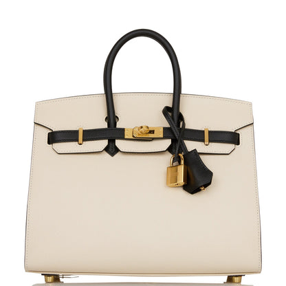 Hermes Birkin 25 Sellier Craie and Black Epsom Gold Hardware