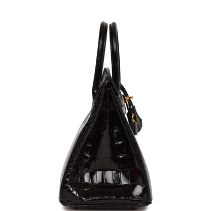 Hermes Birkin 25 Black Shiny Porosus Crocodile Gold Hardware