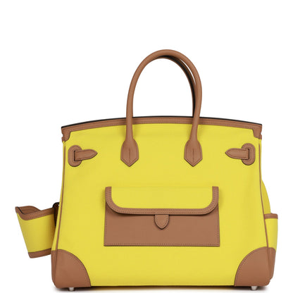 Hermes Birkin 35 Cargo Jaune Citron Toile and Chai Swift Palladium Hardware