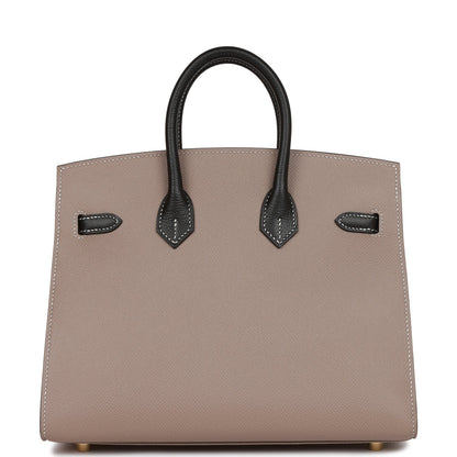Hermes Birkin 25 Sellier Etoupe and Black Epsom Brushed Gold Hardware