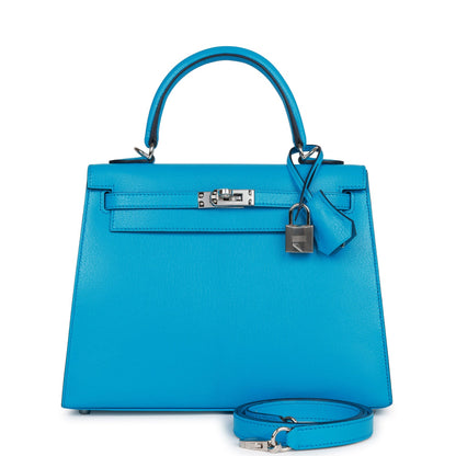 Hermes Kelly 25 Sellier Bleu Frida Chevre Palladium Hardware