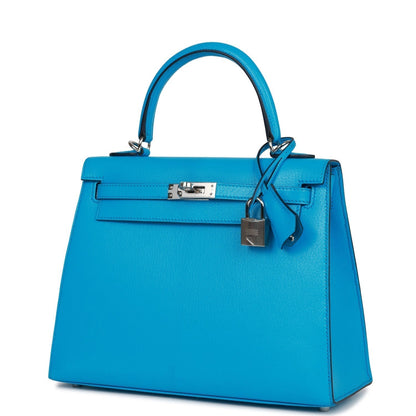 Hermes Kelly 25 Sellier Bleu Frida Chevre Palladium Hardware