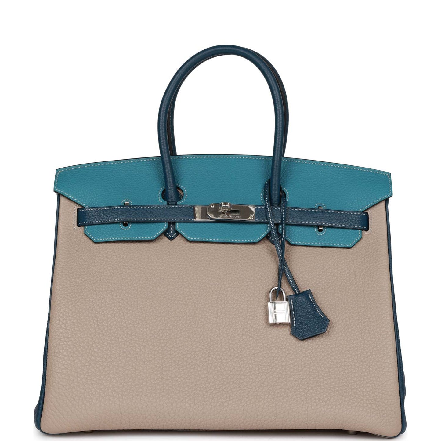 Hermes Birkin 35 Tricolor Gris Tourterelle, Bleu Jean, and Bleu de Malte Clemence Palladium Hardware