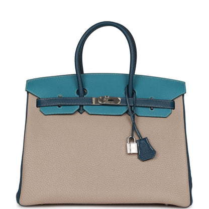 Hermes Birkin 35 Tricolor Gris Tourterelle, Bleu Jean, and Bleu de Malte Clemence Palladium Hardware