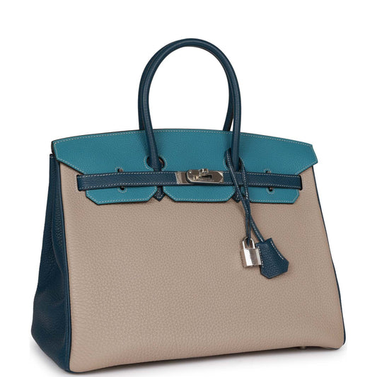 Hermes Birkin 35 Tricolor Gris Tourterelle, Bleu Jean, and Bleu de Malte Clemence Palladium Hardware